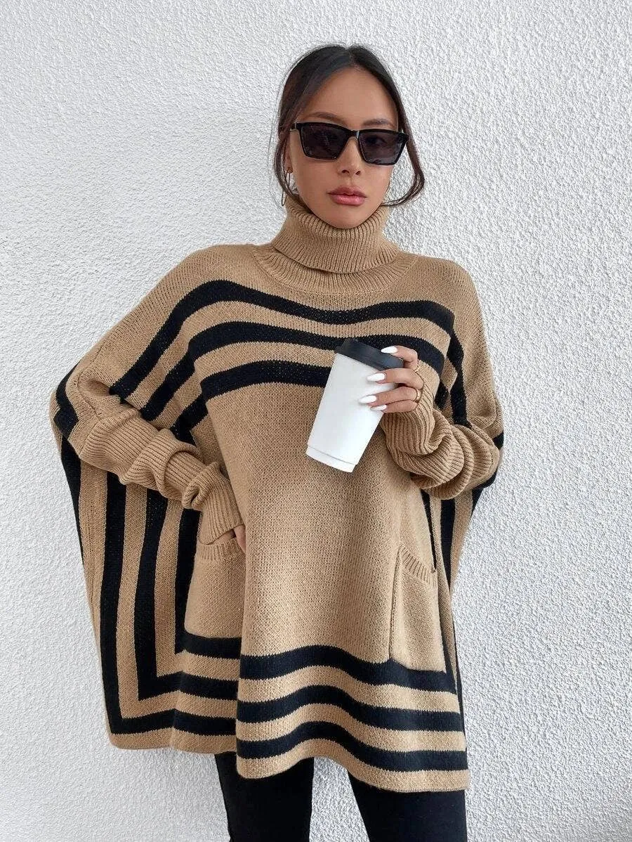 Turtleneck striped bat sleeve cape sweater coat