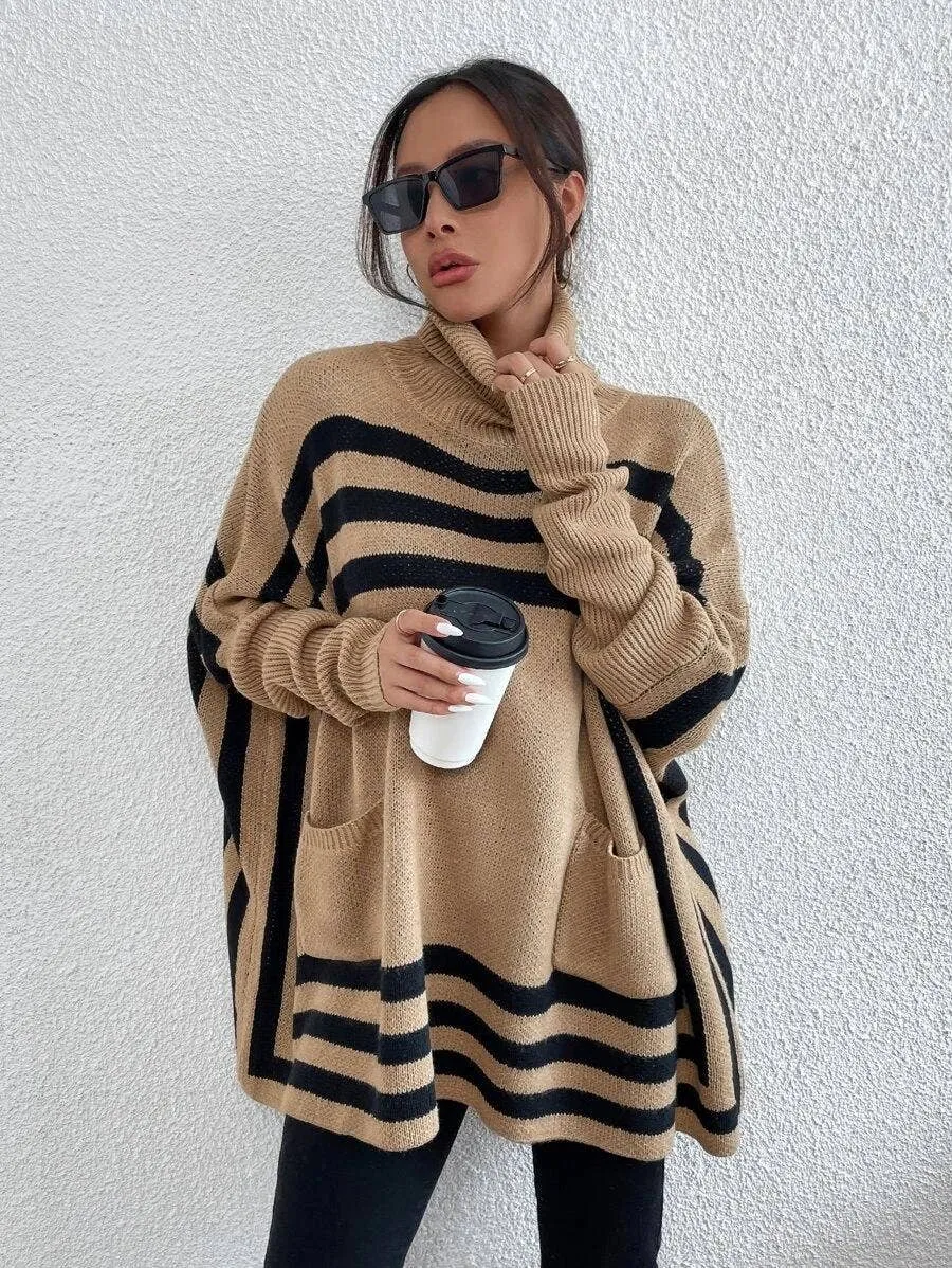 Turtleneck striped bat sleeve cape sweater coat