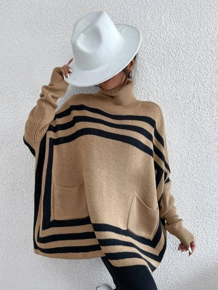 Turtleneck striped bat sleeve cape sweater coat
