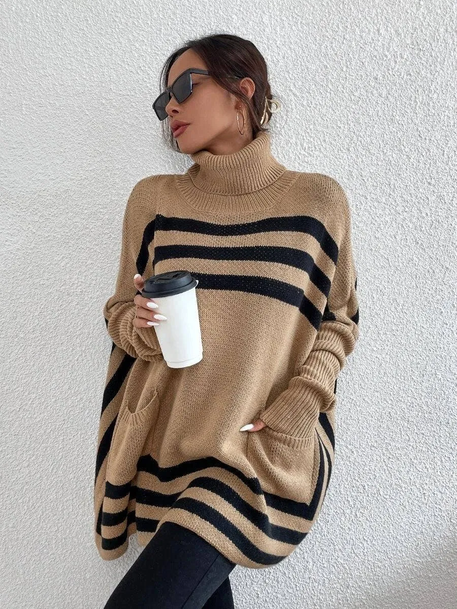 Turtleneck striped bat sleeve cape sweater coat