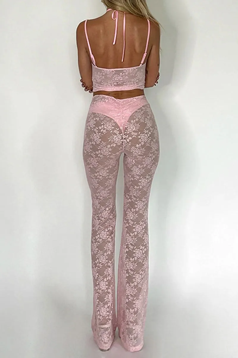 UL660 Lace Spliced Bodysuit and Straight Leg Pants Set