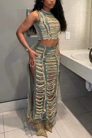 UM0496 Ripped Denim Tank and Skirt Set