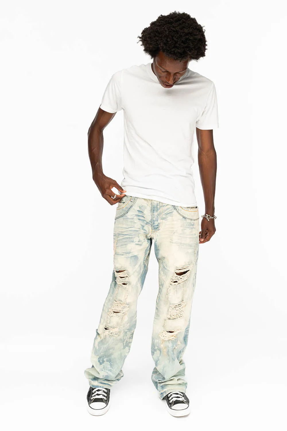 VINTAGE INDIGO DISTRESSED ,RIPPED JEAN  IN MIWOK BROKEN WASH WITH  ORANGE CRYSTALS