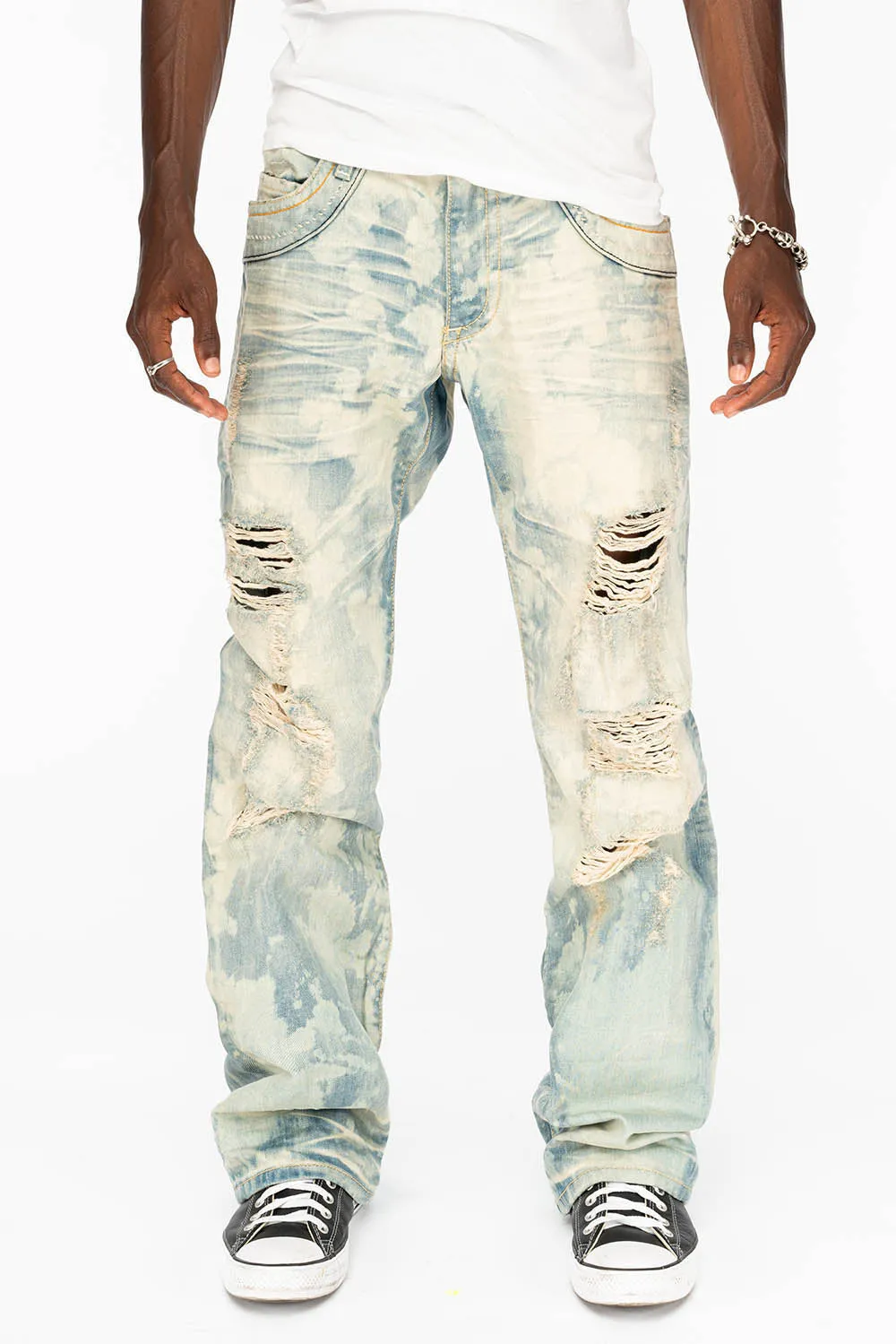 VINTAGE INDIGO DISTRESSED ,RIPPED JEAN  IN MIWOK BROKEN WASH WITH  ORANGE CRYSTALS