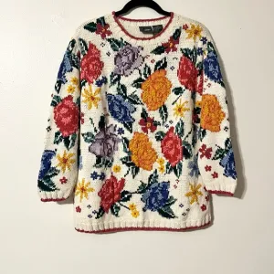 Vintage Liz Ware Floral Knit Cotton Oversized Crew Sweater Women’s Size Petite