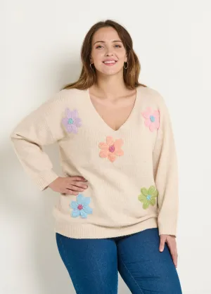 Warm knitted sweater with flower applications