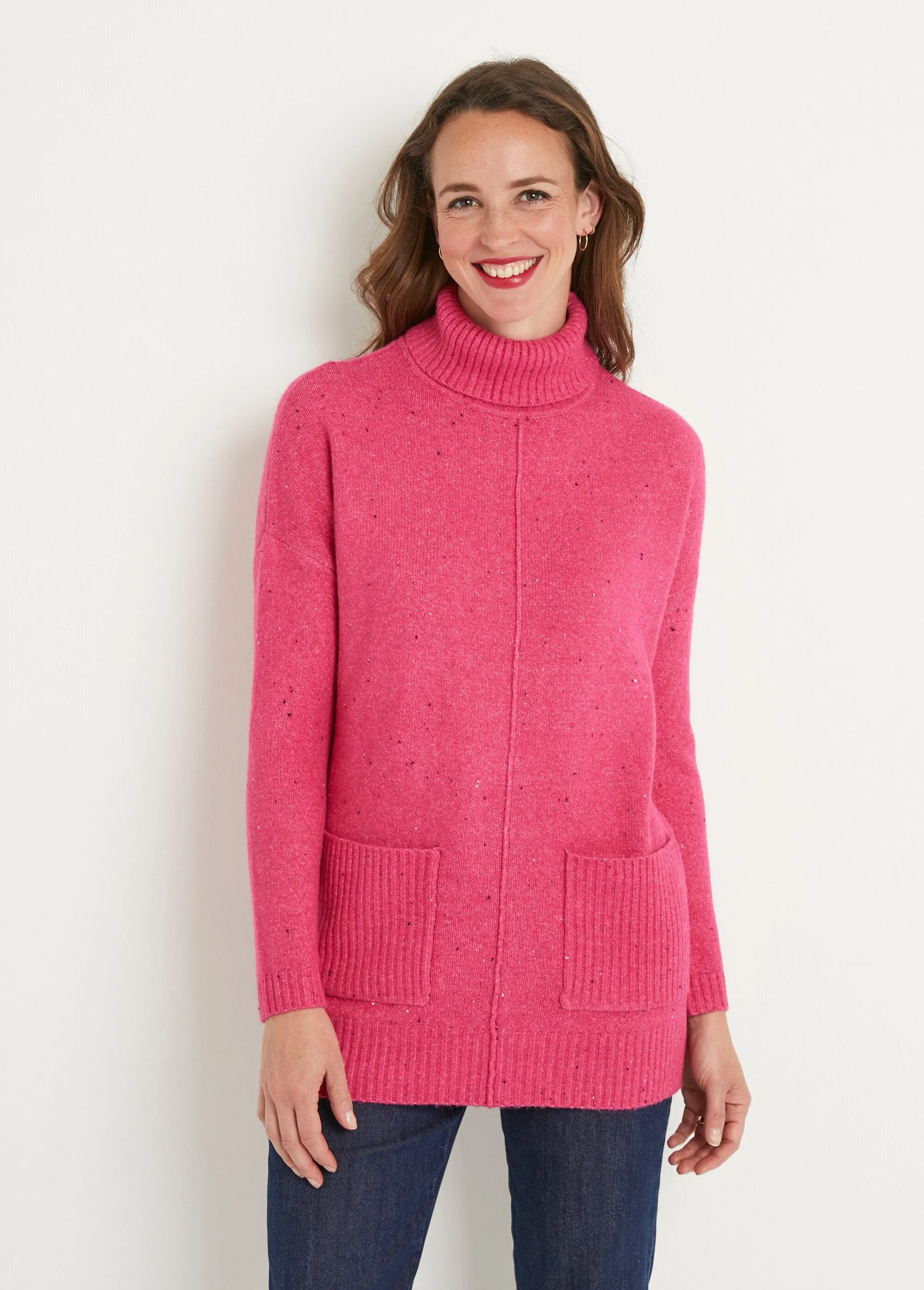 Warm speckled turtleneck tunic sweater