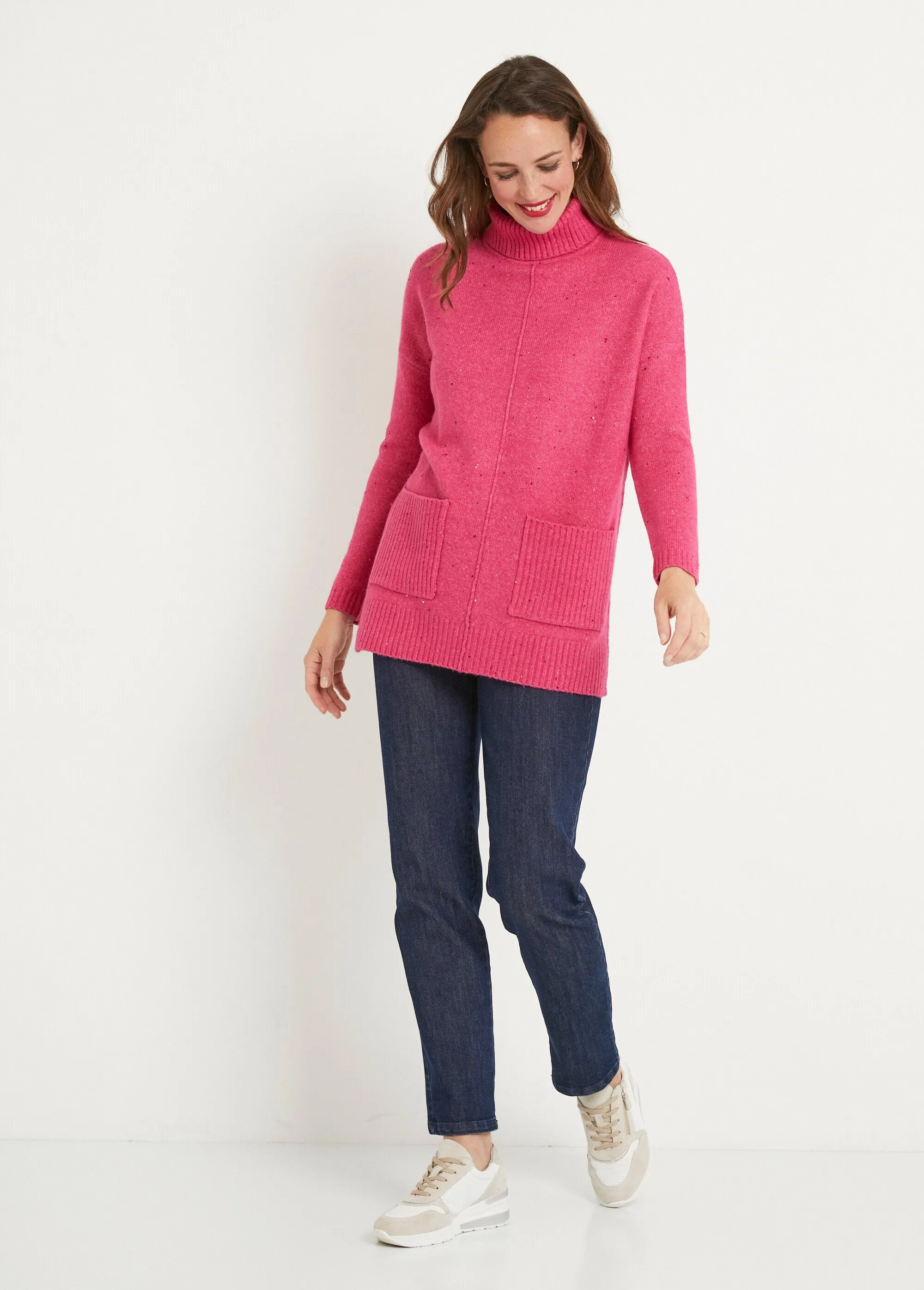 Warm speckled turtleneck tunic sweater