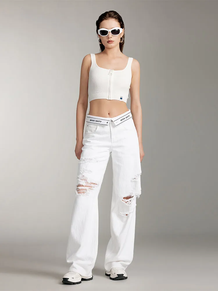White Folded Waist Ripped Jeans