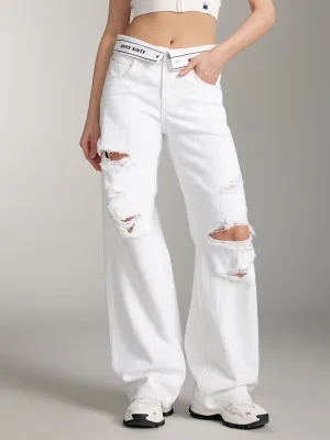 White Folded Waist Ripped Jeans