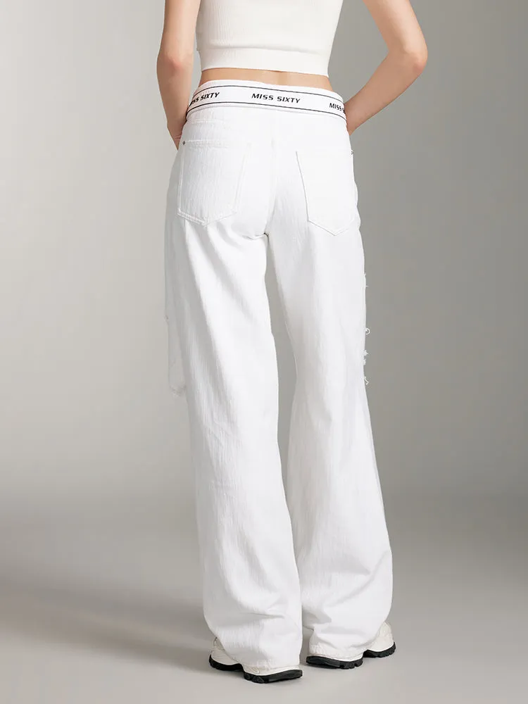 White Folded Waist Ripped Jeans