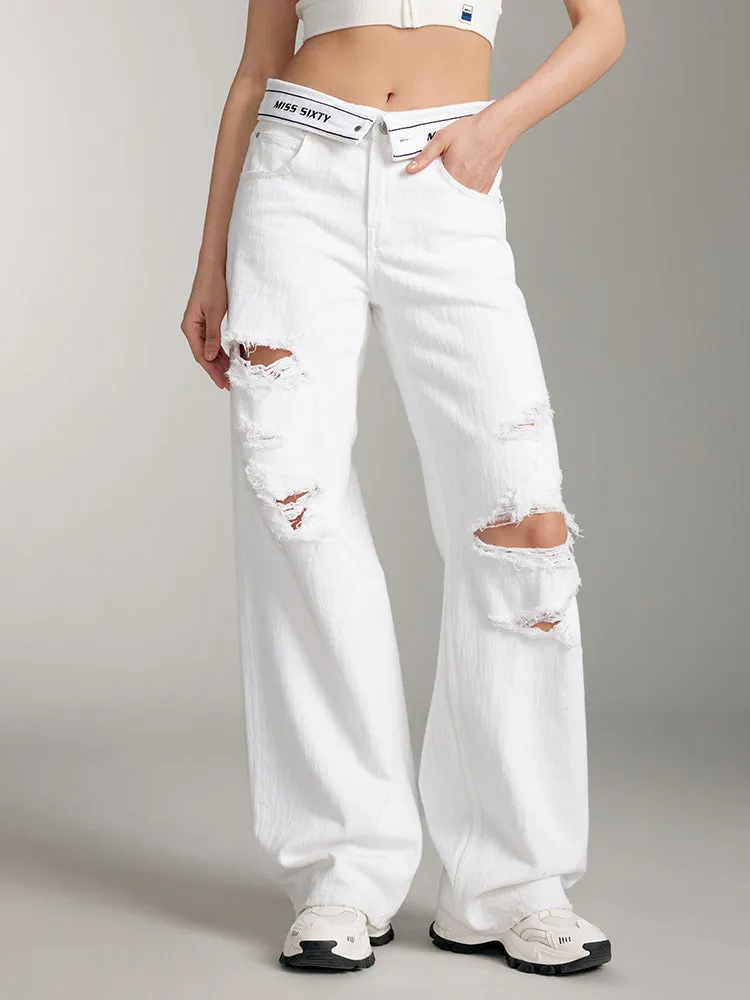 White Folded Waist Ripped Jeans