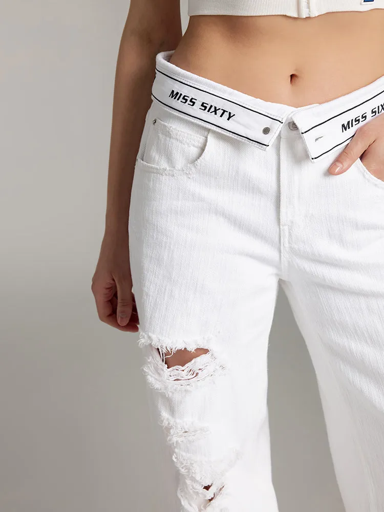 White Folded Waist Ripped Jeans