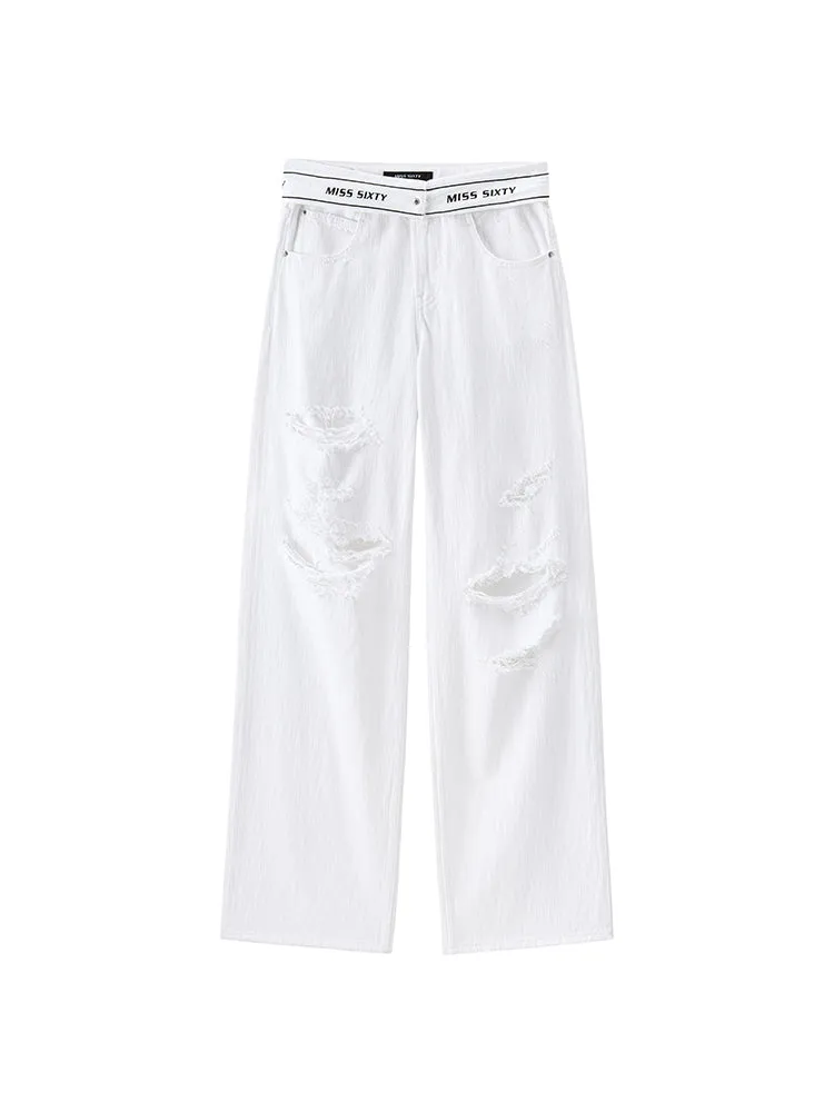White Folded Waist Ripped Jeans