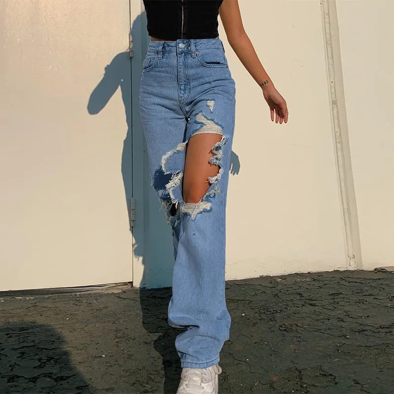 Women’s High Waist Jeans with Large Ripped Holes