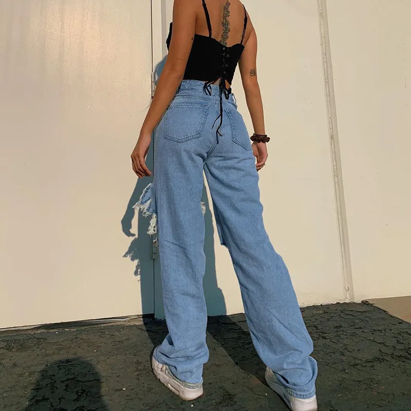 Women’s High Waist Jeans with Large Ripped Holes