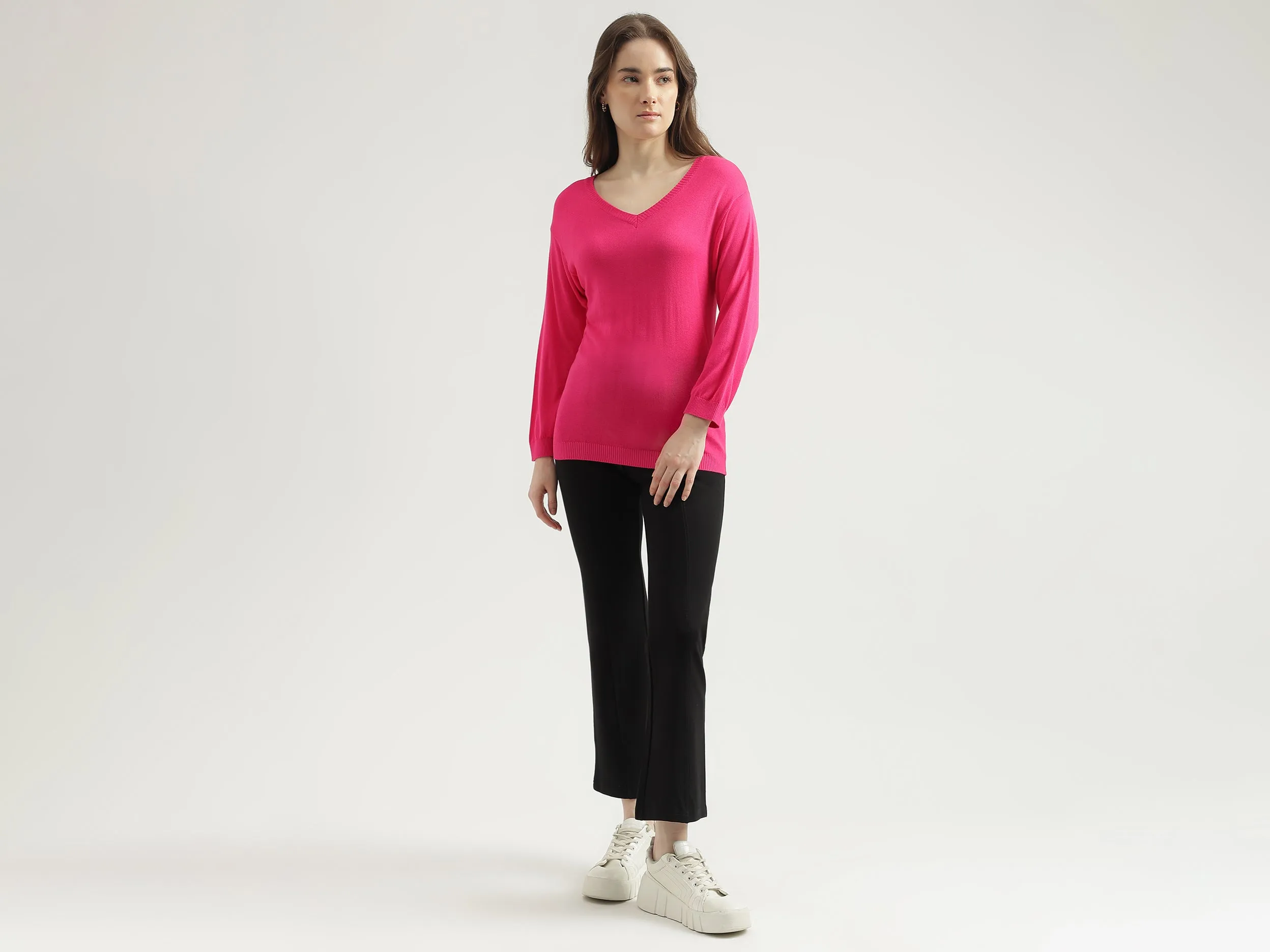 Women's Regular Fit V-Neck Solid Sweater