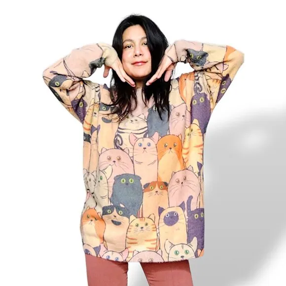 Yesno NWT taupe multicolor kitten cats oversized chunky pullover sweater 2XL
