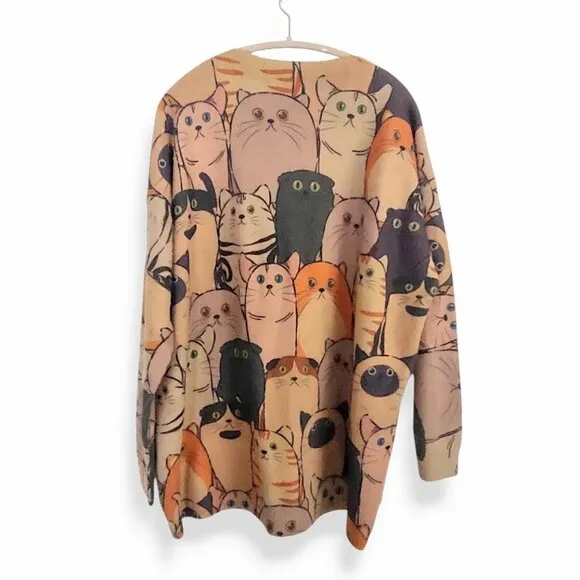 Yesno NWT taupe multicolor kitten cats oversized chunky pullover sweater 2XL