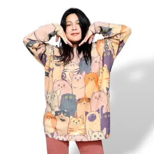 Yesno NWT taupe multicolor kitten cats oversized chunky pullover sweater 2XL