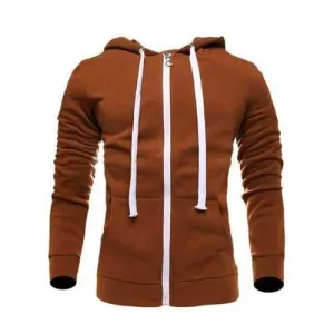 Zip Up Long Sleeves Plain Drawstring Brown Hoodie - Camel 2xl